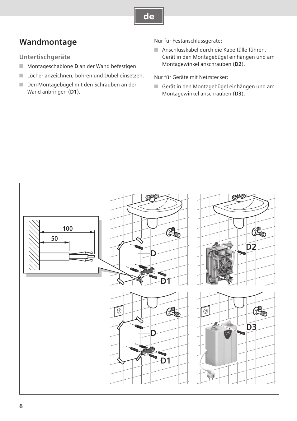 De wandmontage, D3 d1 d d2 d1 d | Siemens DE08101 User Manual | Page 6 / 80