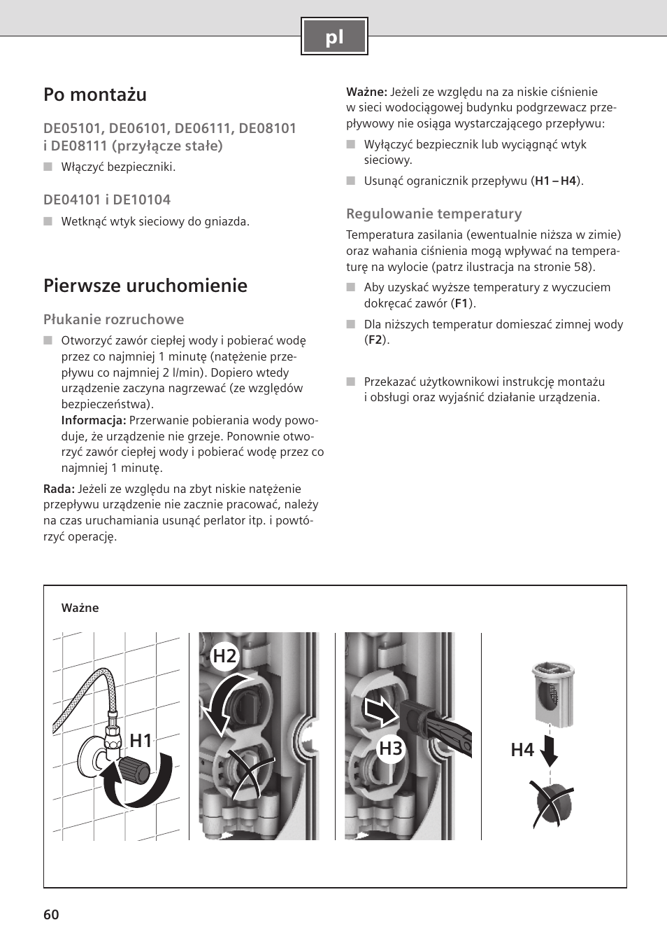 Pl po montażu, Pierwsze uruchomienie, H2 h1 h3 h4 | Siemens DE08101 User Manual | Page 60 / 80