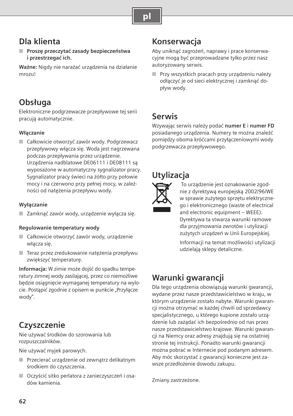 Pl dla klienta, Obsługa, Czyszczenie | Konserwacja, Serwis, Utylizacja, Warunki gwarancji | Siemens DE08101 User Manual | Page 62 / 80