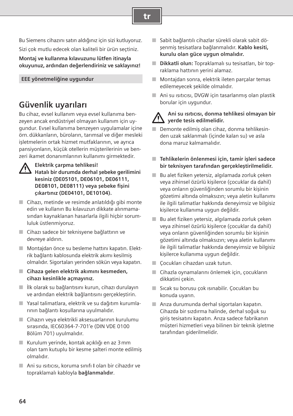 Güvenlik uyarıları | Siemens DE08101 User Manual | Page 64 / 80