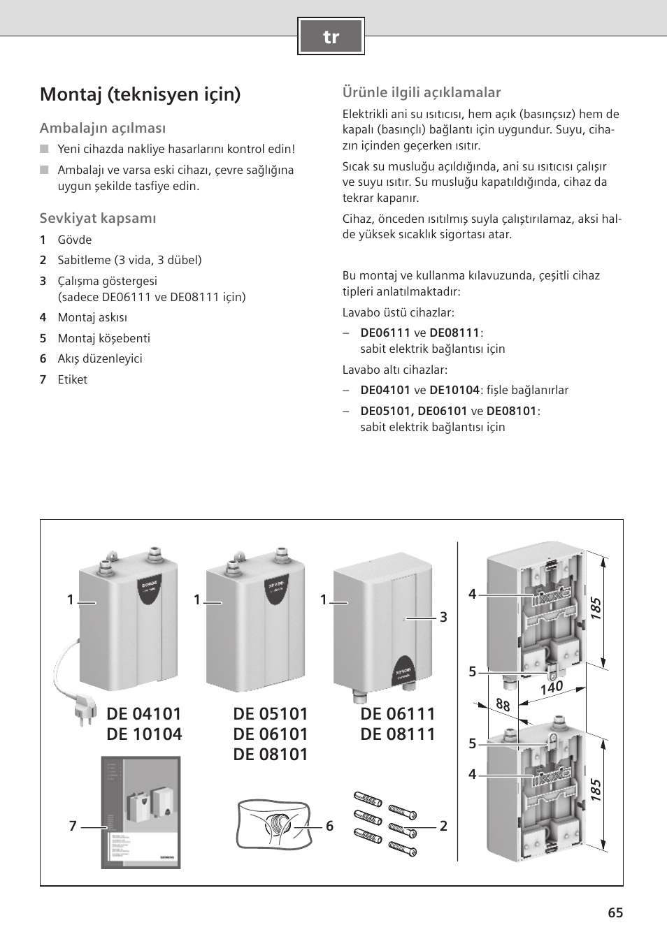 Tr montaj (teknisyen için) | Siemens DE08101 User Manual | Page 65 / 80