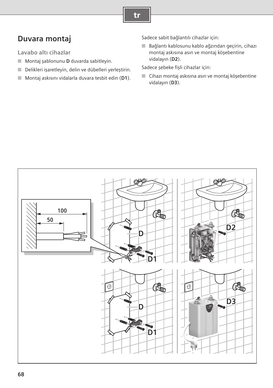 Tr duvara montaj, D3 d1 d d2 d1 d | Siemens DE08101 User Manual | Page 68 / 80