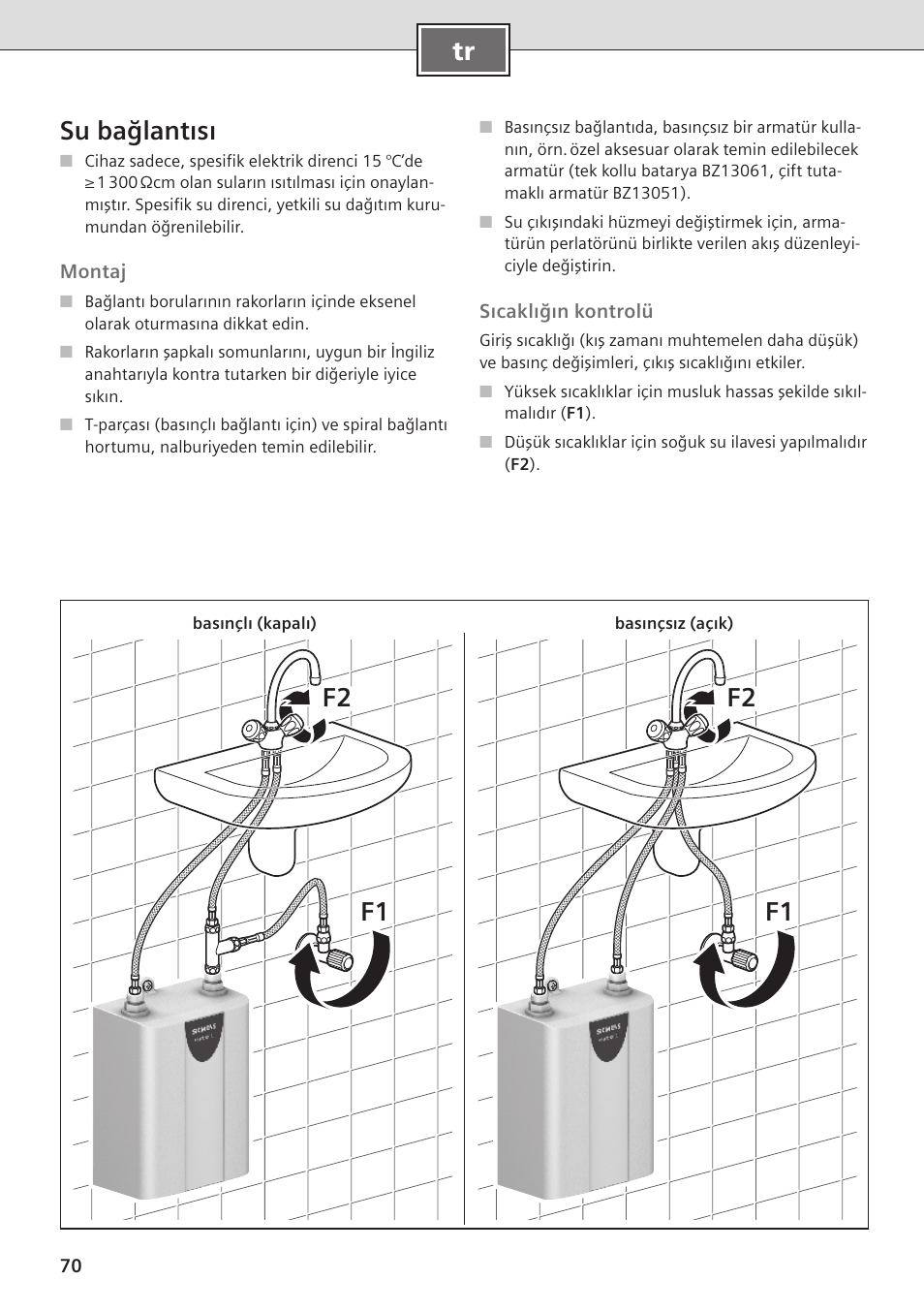 Tr su bağlantısı, F2 f1 f2 f1 | Siemens DE08101 User Manual | Page 70 / 80