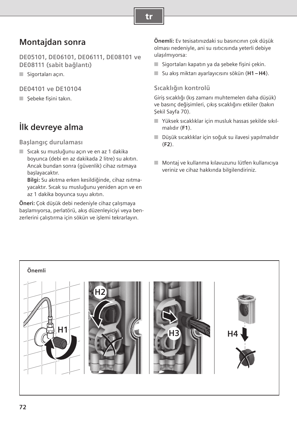 Tr montajdan sonra, Ilk devreye alma, H2 h1 h3 h4 | Siemens DE08101 User Manual | Page 72 / 80