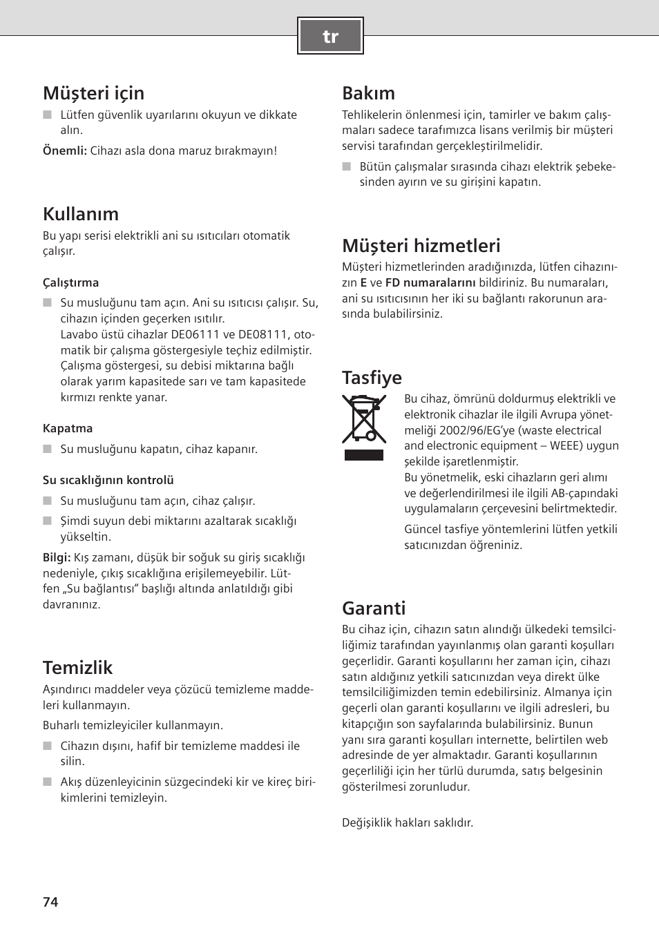 Tr müşteri için, Kullanım, Temizlik | Bakım, Müşteri hizmetleri, Tasfiye, Garanti | Siemens DE08101 User Manual | Page 74 / 80