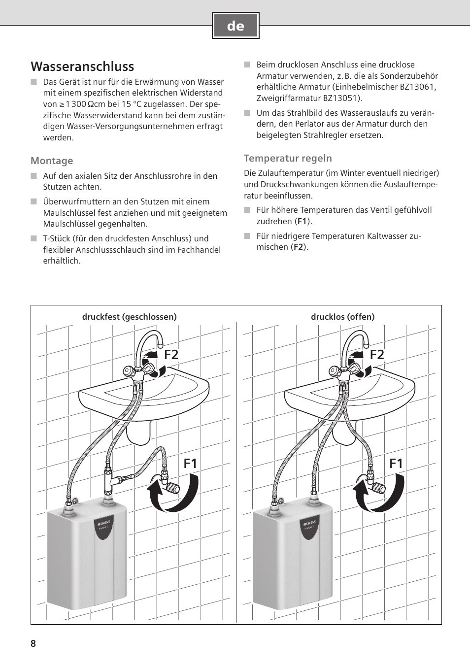 De wasseranschluss, F2 f1 f2 f1 | Siemens DE08101 User Manual | Page 8 / 80