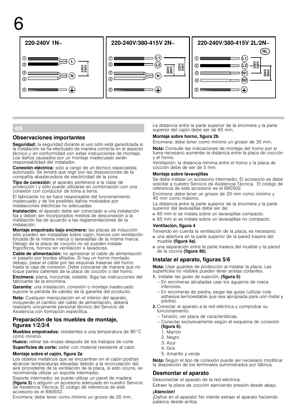 Observaciones importantes, Nota, Montaje sobre el cajón, figura 2a | Montaje sobre horno, figura 2b, Montaje sobre lavavajillas, Ventilación, figura 4, Instalar el aparato, figuras 5/6, Instalar las guías de sujeción, (figura 5), Desmontar el aparato, Desconectar el aparato de la red eléctrica | Siemens EH679MB17E User Manual | Page 3 / 14