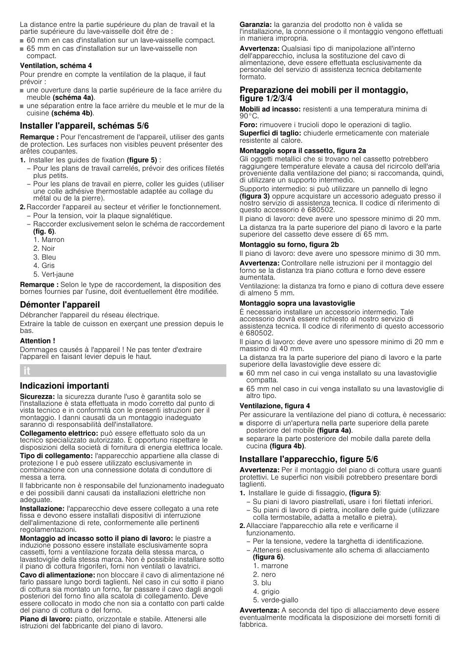 Ventilation, schéma 4, Installer l'appareil, schémas 5/6, Remarque | Installer les guides de fixation (figure 5), Démonter l'appareil, Débrancher l'appareil du réseau électrique, Attention, Indicazioni importanti, Avvertenza, Montaggio sopra il cassetto, figura 2a | Siemens EH679MB17E User Manual | Page 6 / 14