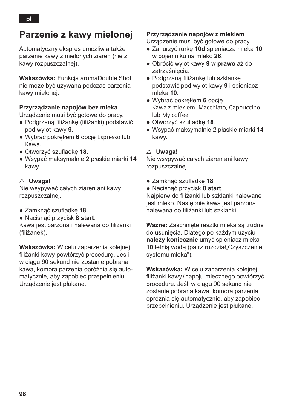 Parzenie z kawy mielonej | Siemens TE809201RW User Manual | Page 102 / 176