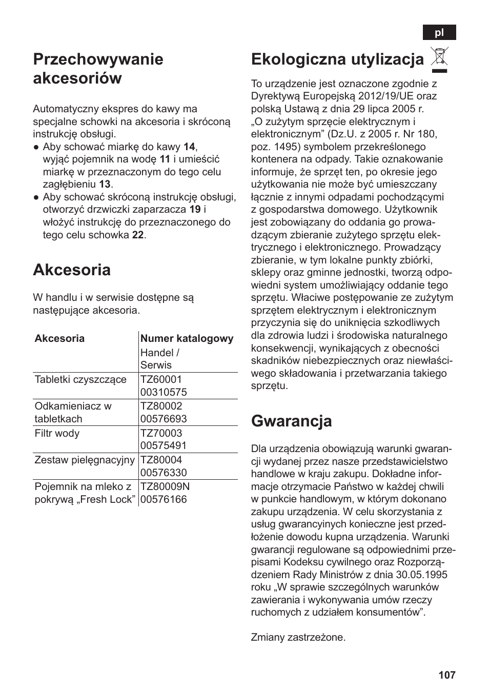 Przechowywanie akcesoriów, Akcesoria, Ekologiczna utylizacja | Gwarancja | Siemens TE809201RW User Manual | Page 111 / 176