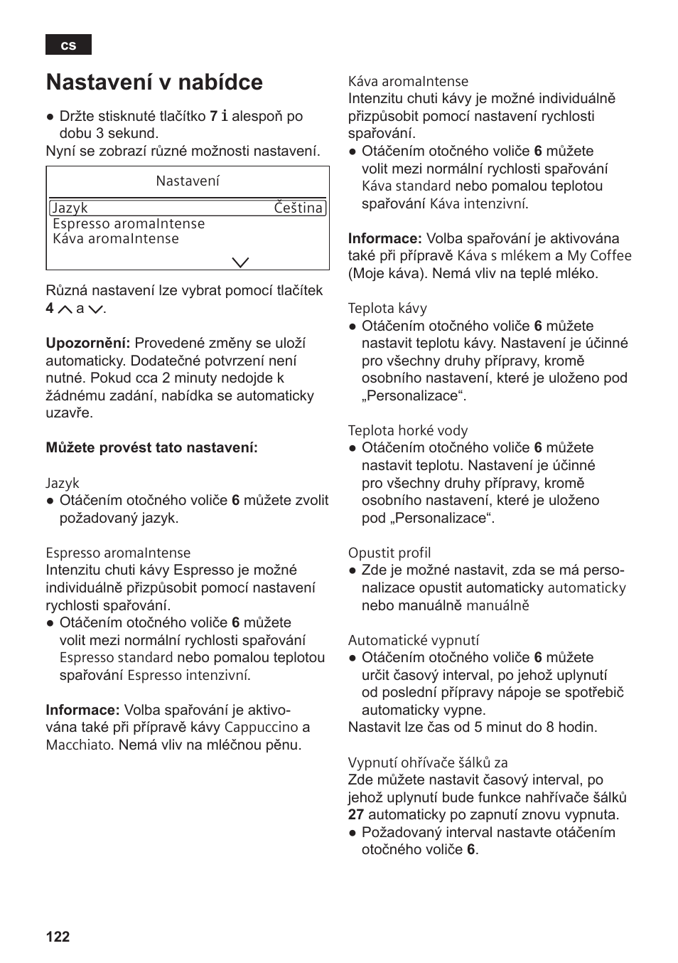 Nastavení v nabídce | Siemens TE809201RW User Manual | Page 126 / 176