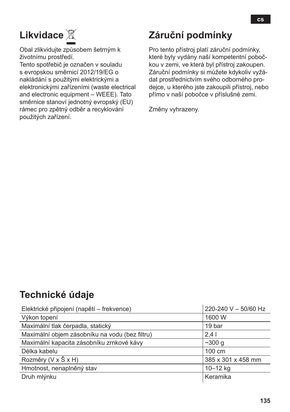 Technické údaje, Likvidace, Záruční podmínky | Siemens TE809201RW User Manual | Page 139 / 176