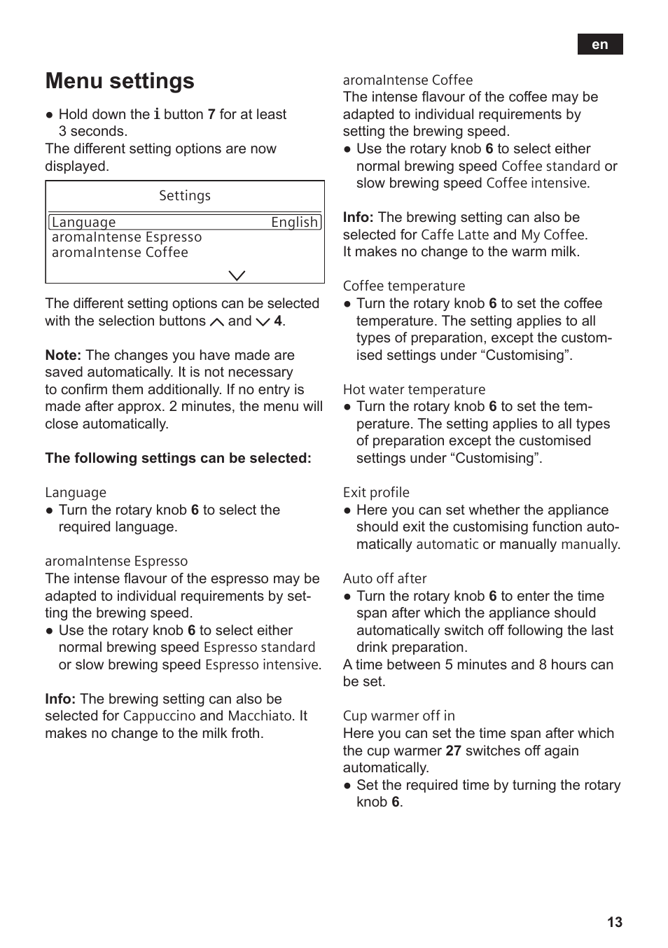 Menu settings | Siemens TE809201RW User Manual | Page 17 / 176