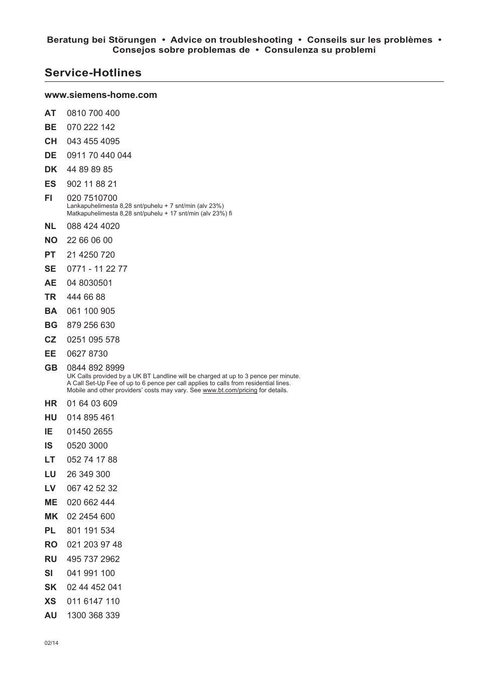 Service-hotlines | Siemens TE809201RW User Manual | Page 175 / 176