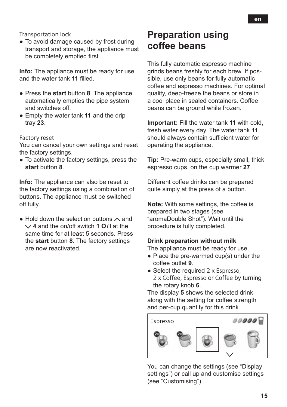 Preparation using coffee beans | Siemens TE809201RW User Manual | Page 19 / 176