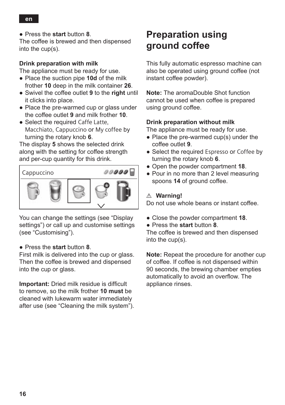 Preparation using ground coffee | Siemens TE809201RW User Manual | Page 20 / 176