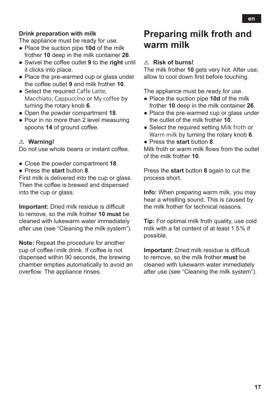 Preparing milk froth and warm milk | Siemens TE809201RW User Manual | Page 21 / 176