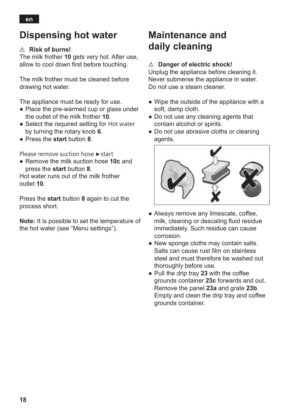 Dispensing hot water, Maintenance and daily cleaning | Siemens TE809201RW User Manual | Page 22 / 176