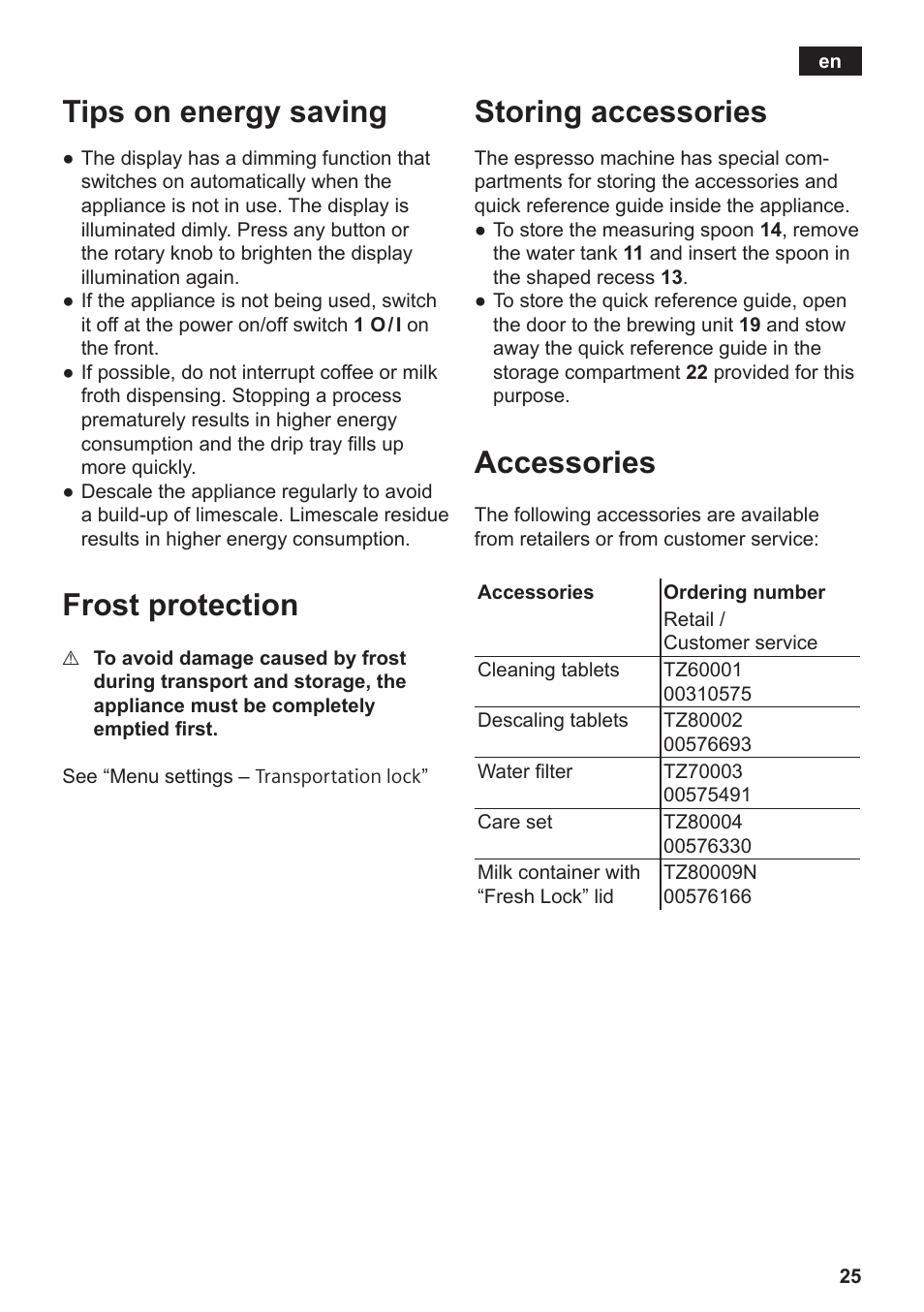 Tips on energy saving, Frost protection, Storing accessories | Accessories | Siemens TE809201RW User Manual | Page 29 / 176