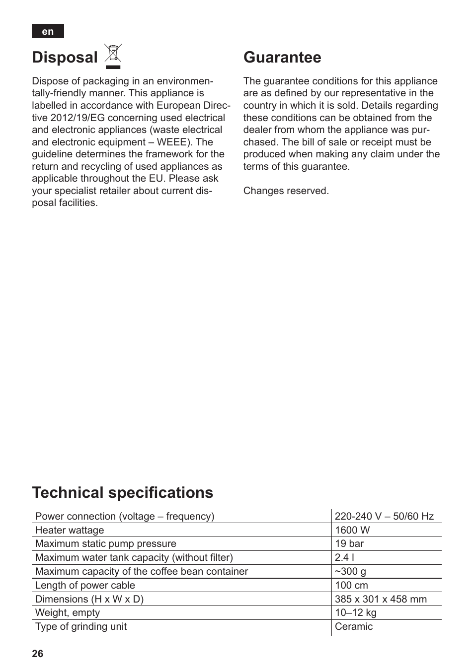 Disposal, Guarantee, Technical specifications | Siemens TE809201RW User Manual | Page 30 / 176