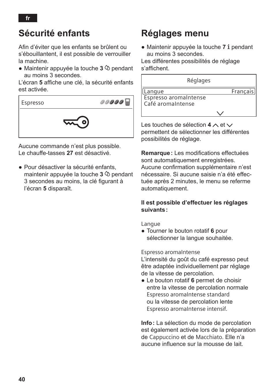 Sécurité enfants, Réglages menu | Siemens TE809201RW User Manual | Page 44 / 176