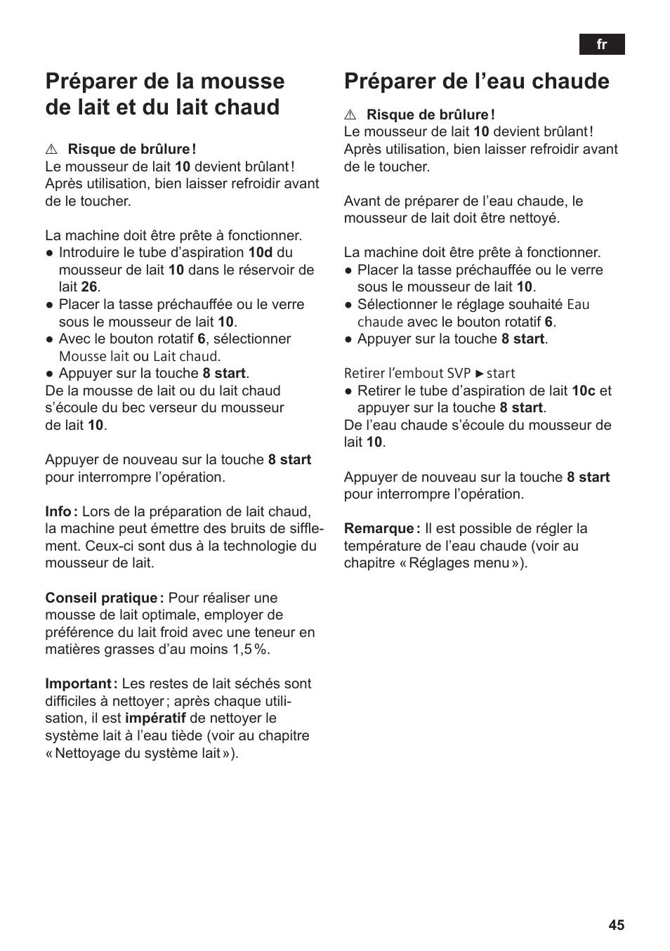 Préparer de la mousse de lait et du lait chaud, Préparer de l’eau chaude | Siemens TE809201RW User Manual | Page 49 / 176