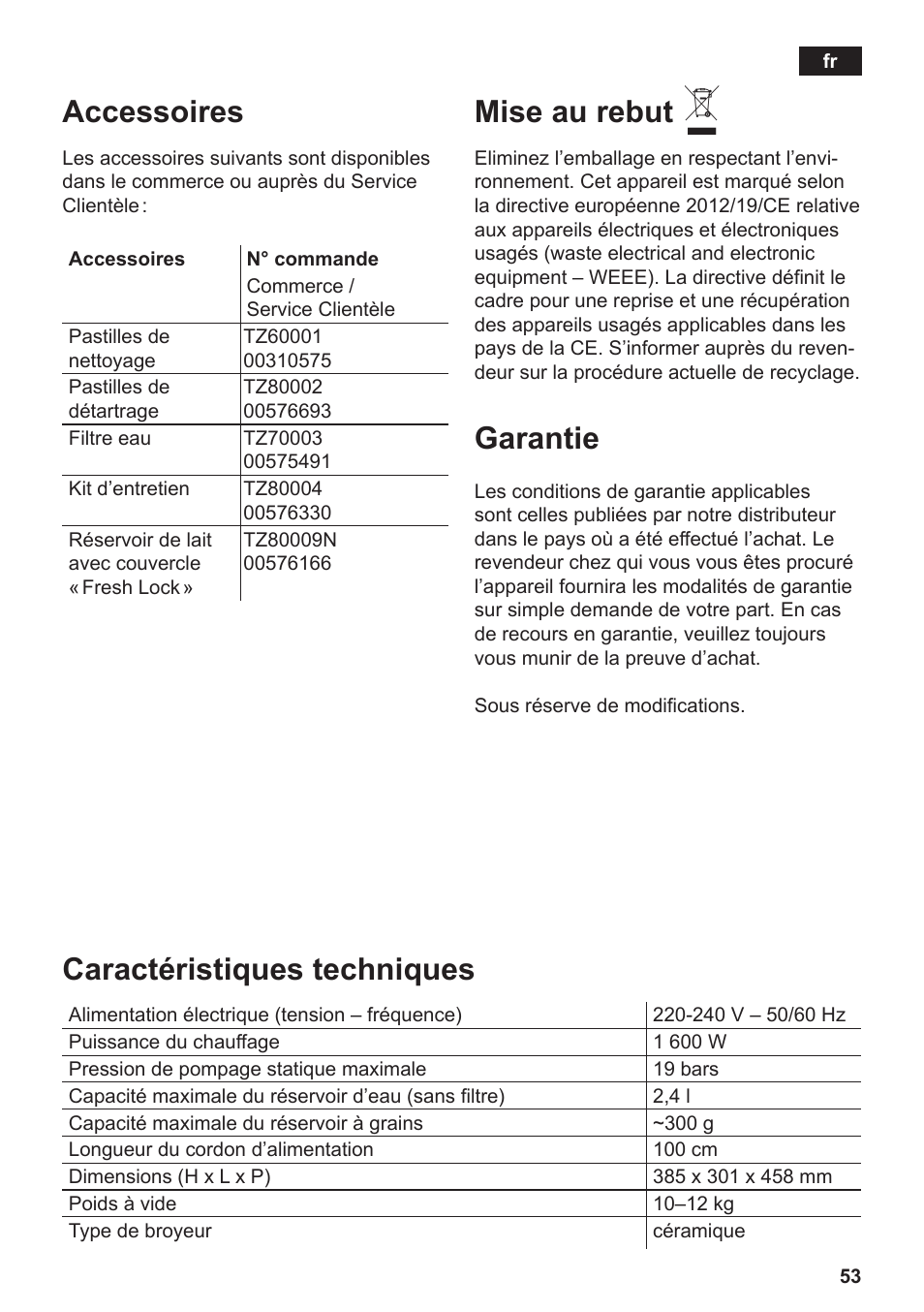 Accessoires, Mise au rebut, Garantie | Caractéristiques techniques | Siemens TE809201RW User Manual | Page 57 / 176