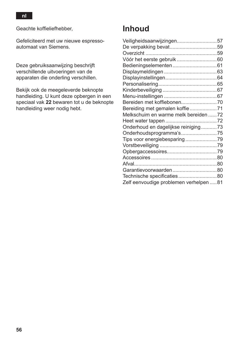 Inhoud | Siemens TE809201RW User Manual | Page 60 / 176