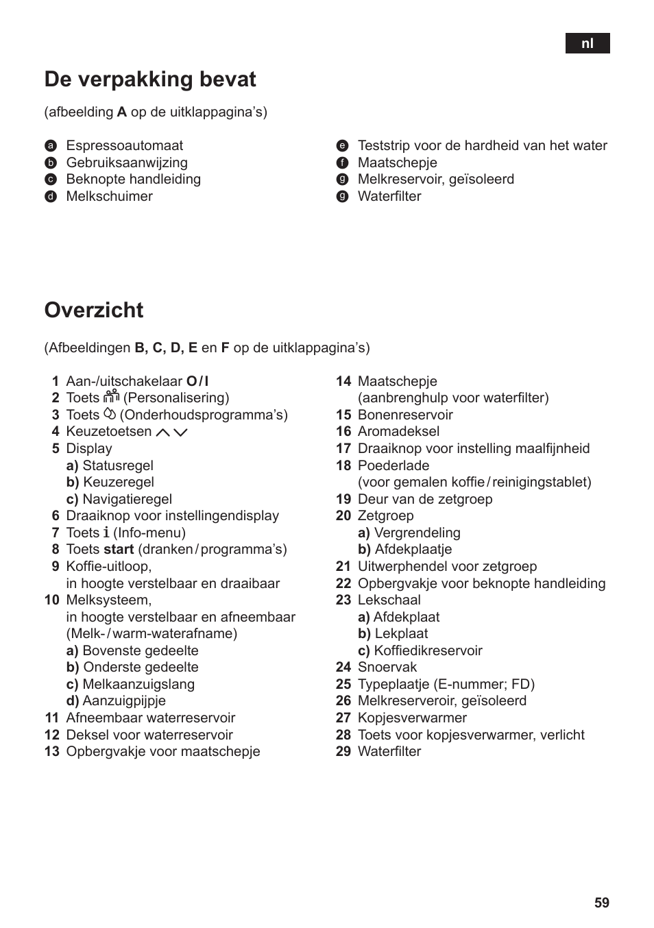 Overzicht, De verpakking bevat | Siemens TE809201RW User Manual | Page 63 / 176