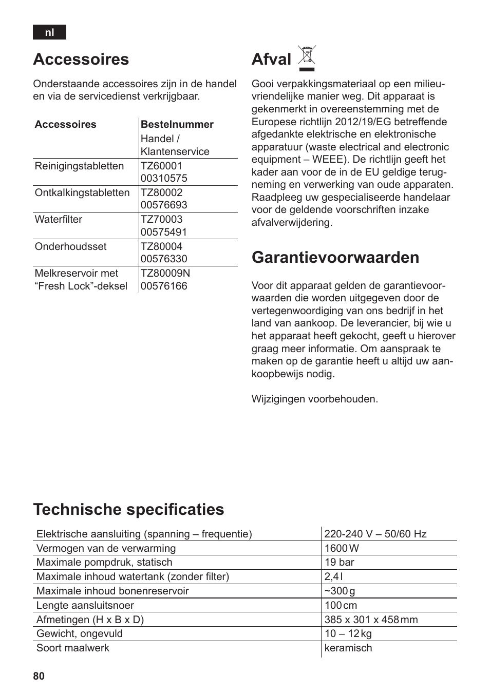 Accessoires, Afval, Garantievoorwaarden | Technische specificaties | Siemens TE809201RW User Manual | Page 84 / 176