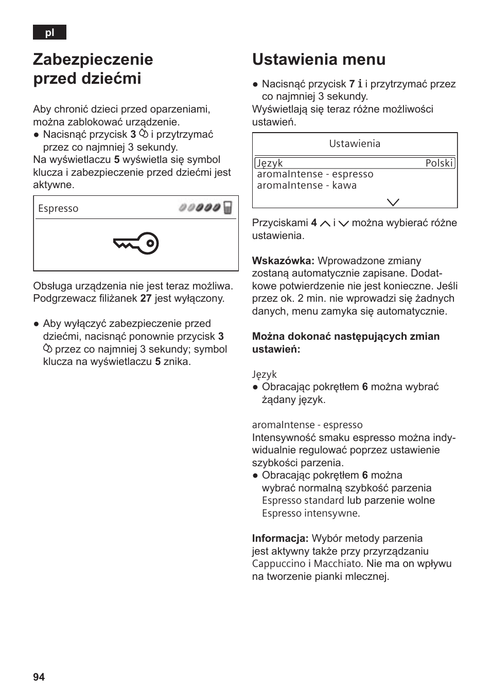 Zabezpieczenie przed dziećmi, Ustawienia menu | Siemens TE809201RW User Manual | Page 98 / 176
