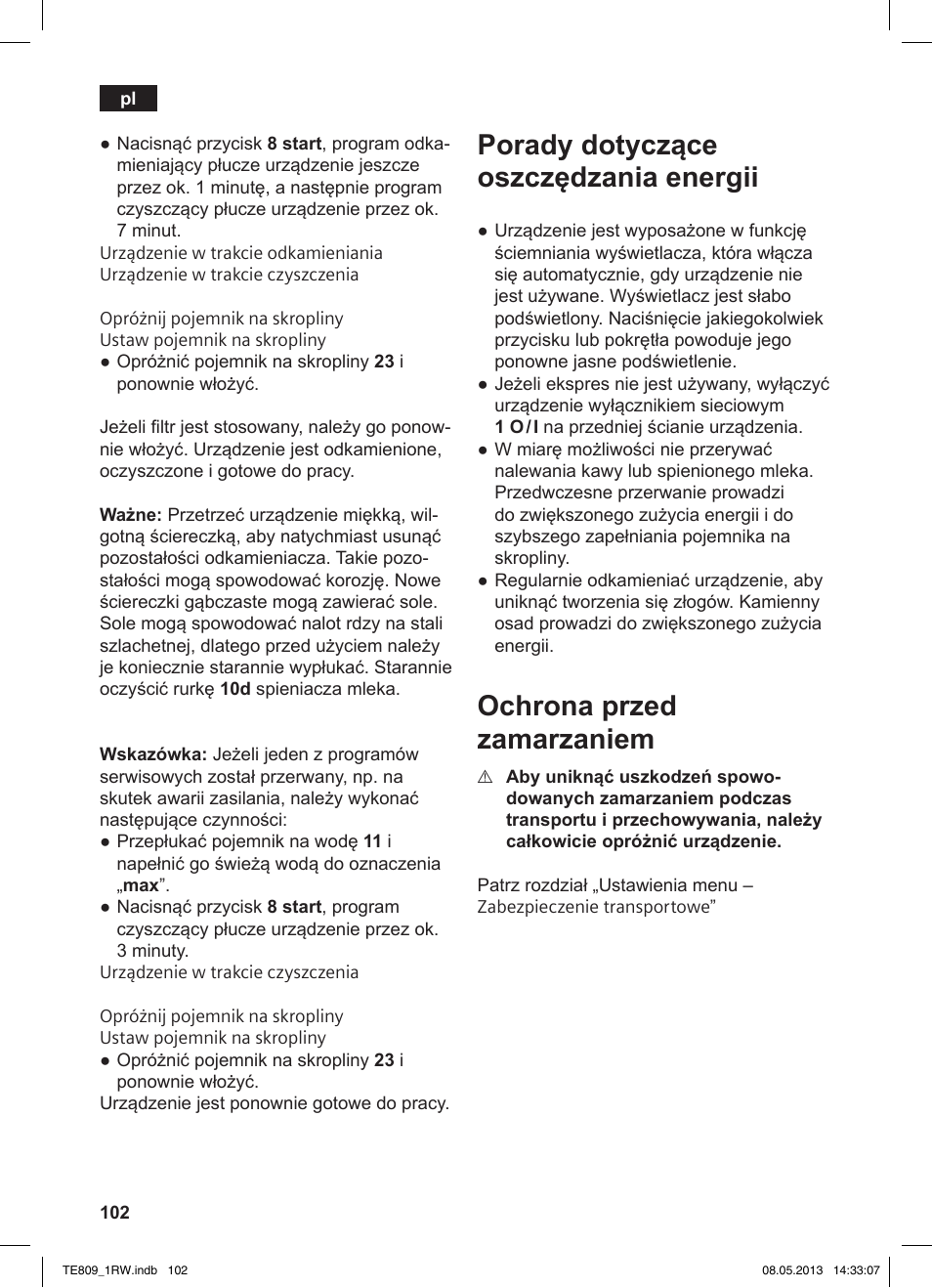 Porady dotyczące oszczędzania energii, Ochrona przed zamarzaniem | Siemens TE809201RW User Manual | Page 106 / 172