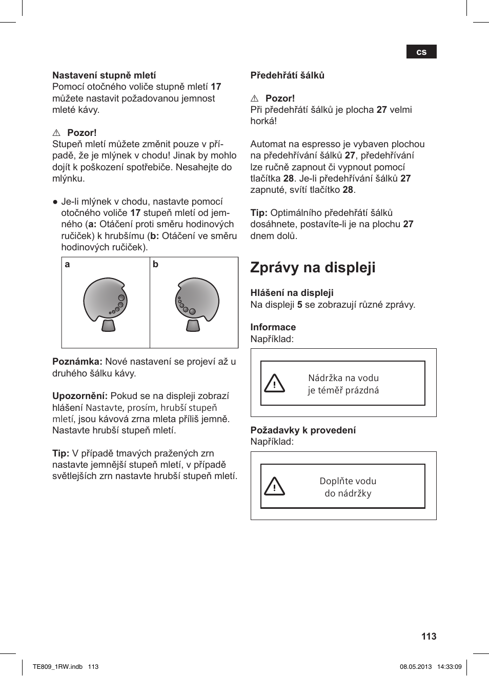 Zprávy na displeji | Siemens TE809201RW User Manual | Page 117 / 172