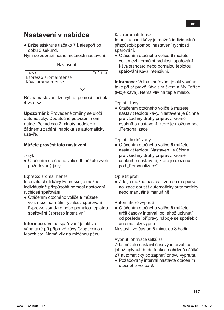 Nastavení v nabídce | Siemens TE809201RW User Manual | Page 121 / 172