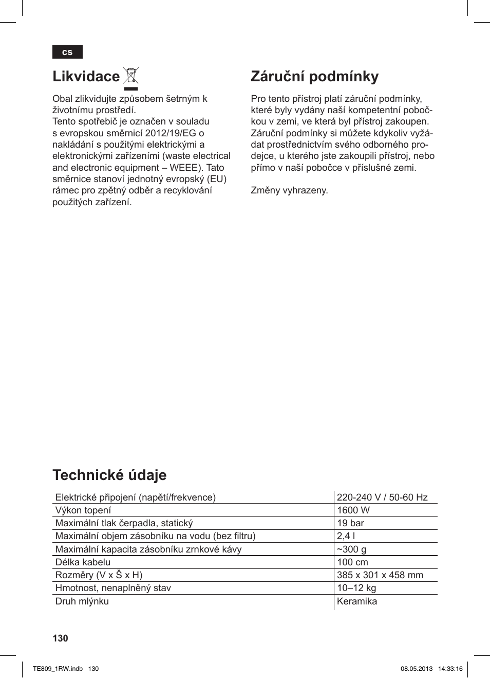 Technické údaje, Likvidace, Záruční podmínky | Siemens TE809201RW User Manual | Page 134 / 172