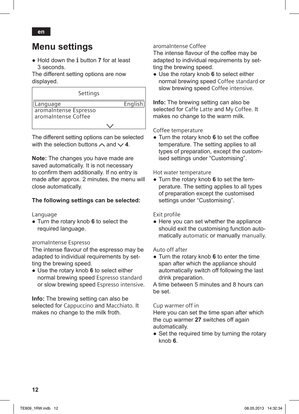 Menu settings | Siemens TE809201RW User Manual | Page 16 / 172