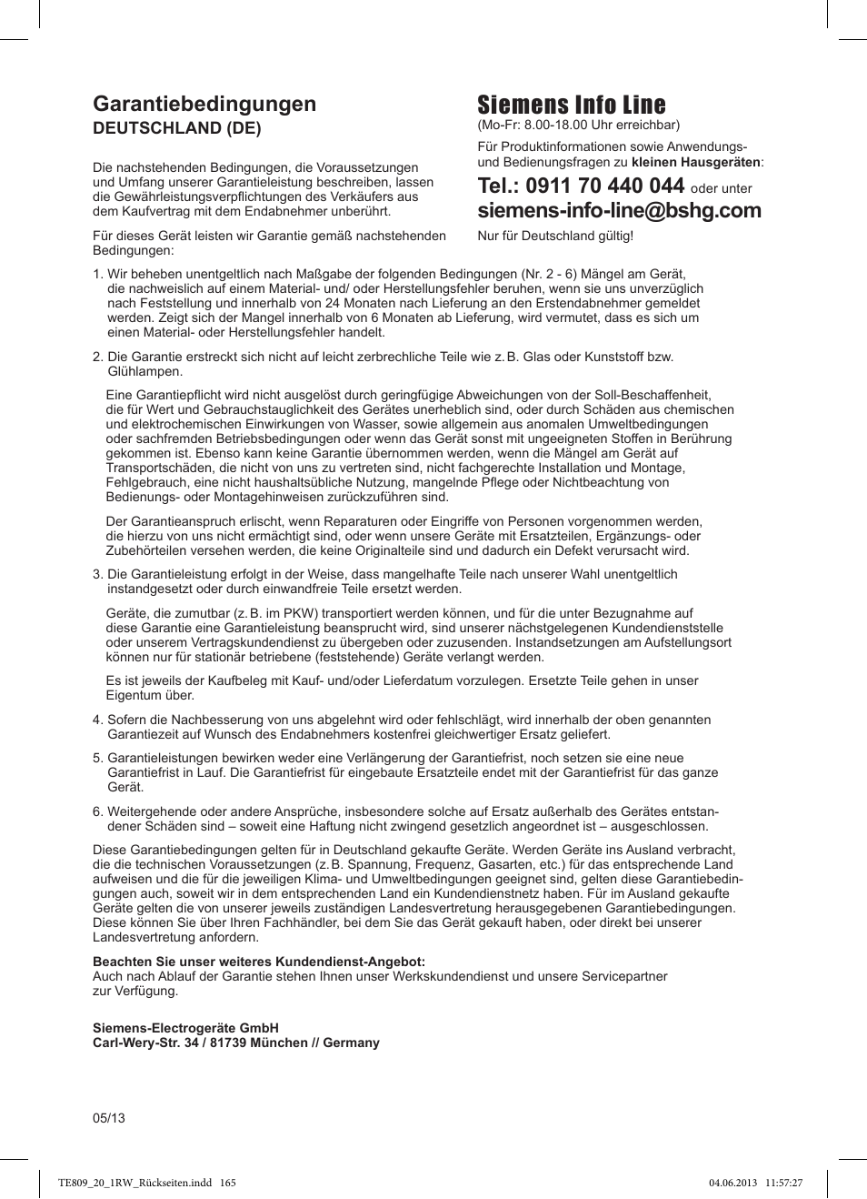 Siemens info line, Garantiebedingungen | Siemens TE809201RW User Manual | Page 169 / 172