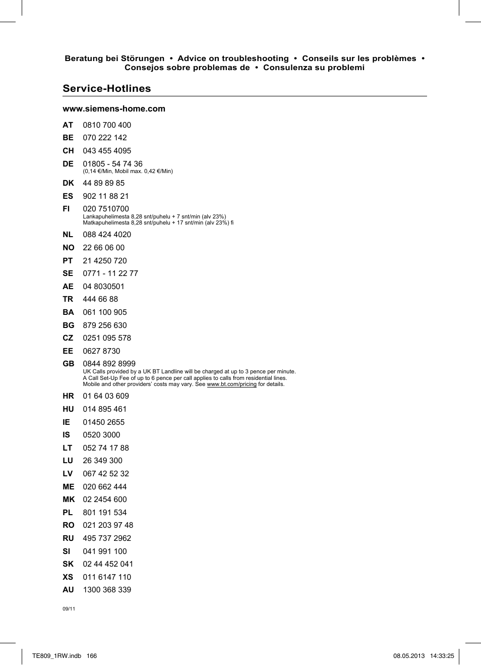 Service-hotlines | Siemens TE809201RW User Manual | Page 170 / 172