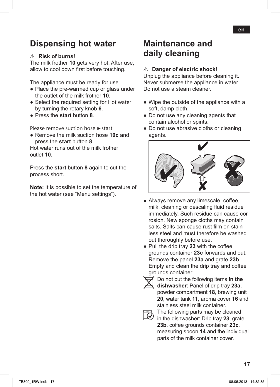 Dispensing hot water, Maintenance and daily cleaning | Siemens TE809201RW User Manual | Page 21 / 172