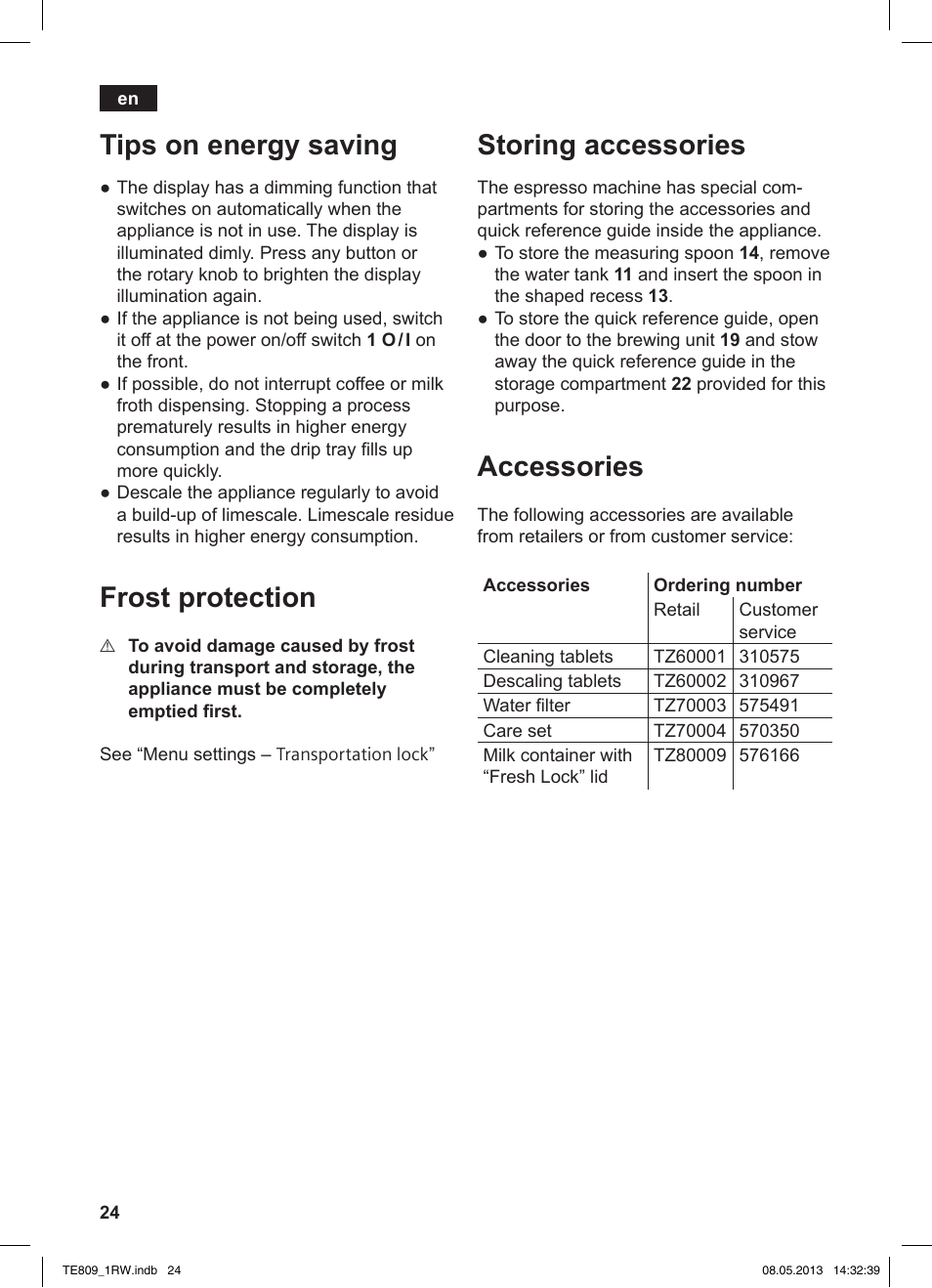 Tips on energy saving, Frost protection, Storing accessories | Accessories | Siemens TE809201RW User Manual | Page 28 / 172