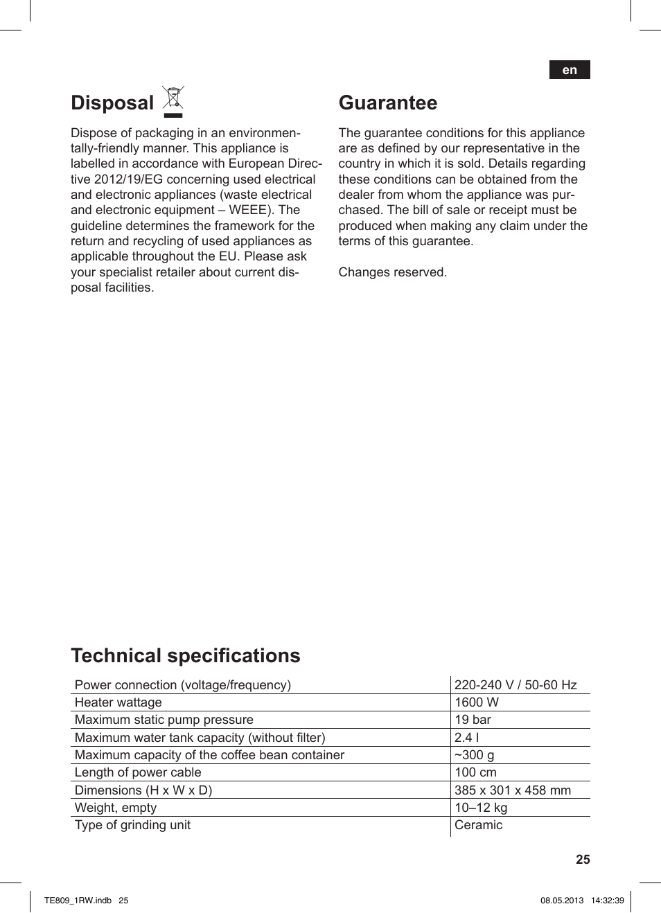 Disposal, Guarantee, Technical specifications | Siemens TE809201RW User Manual | Page 29 / 172