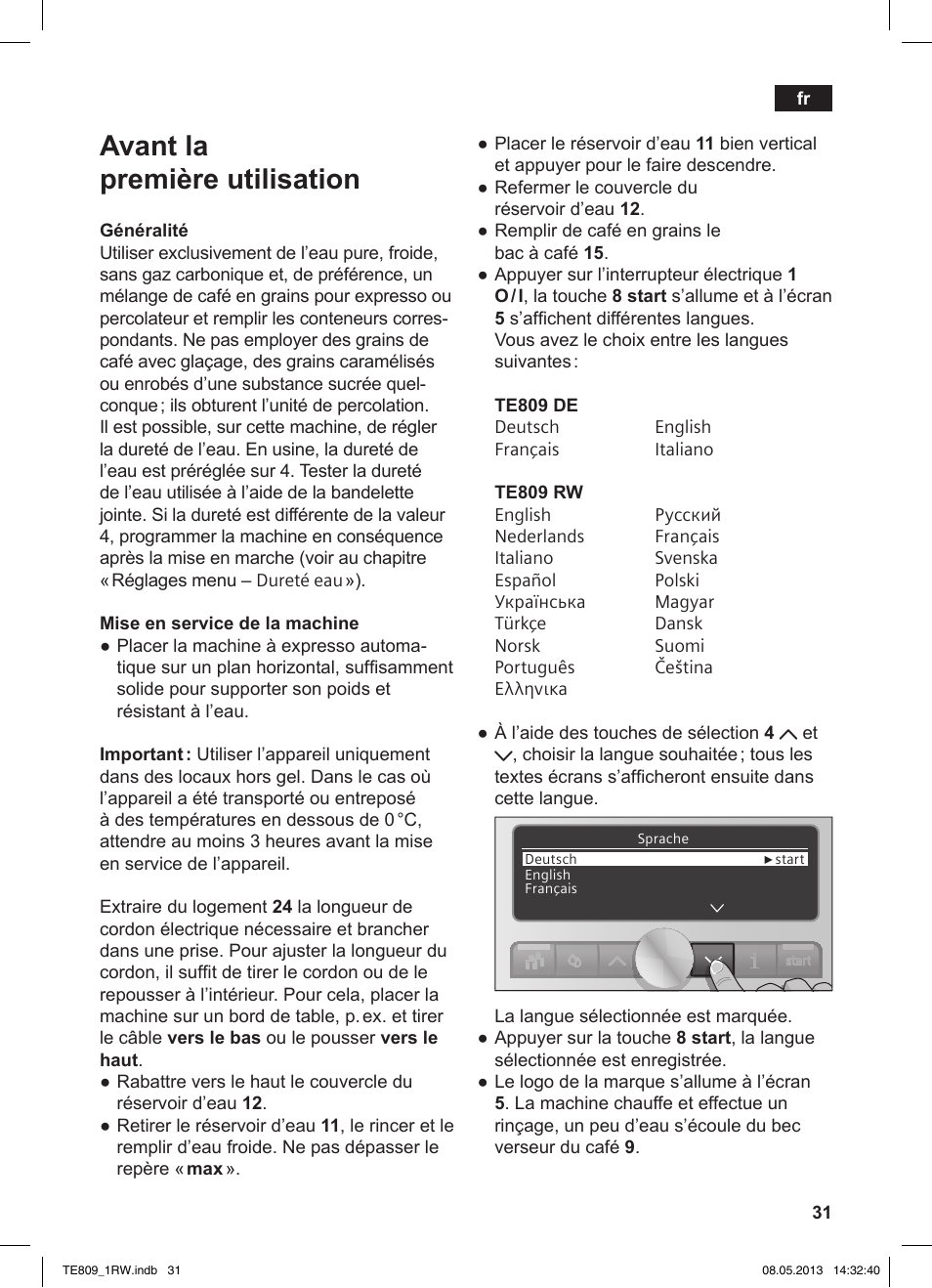 Avant la première utilisation | Siemens TE809201RW User Manual | Page 35 / 172