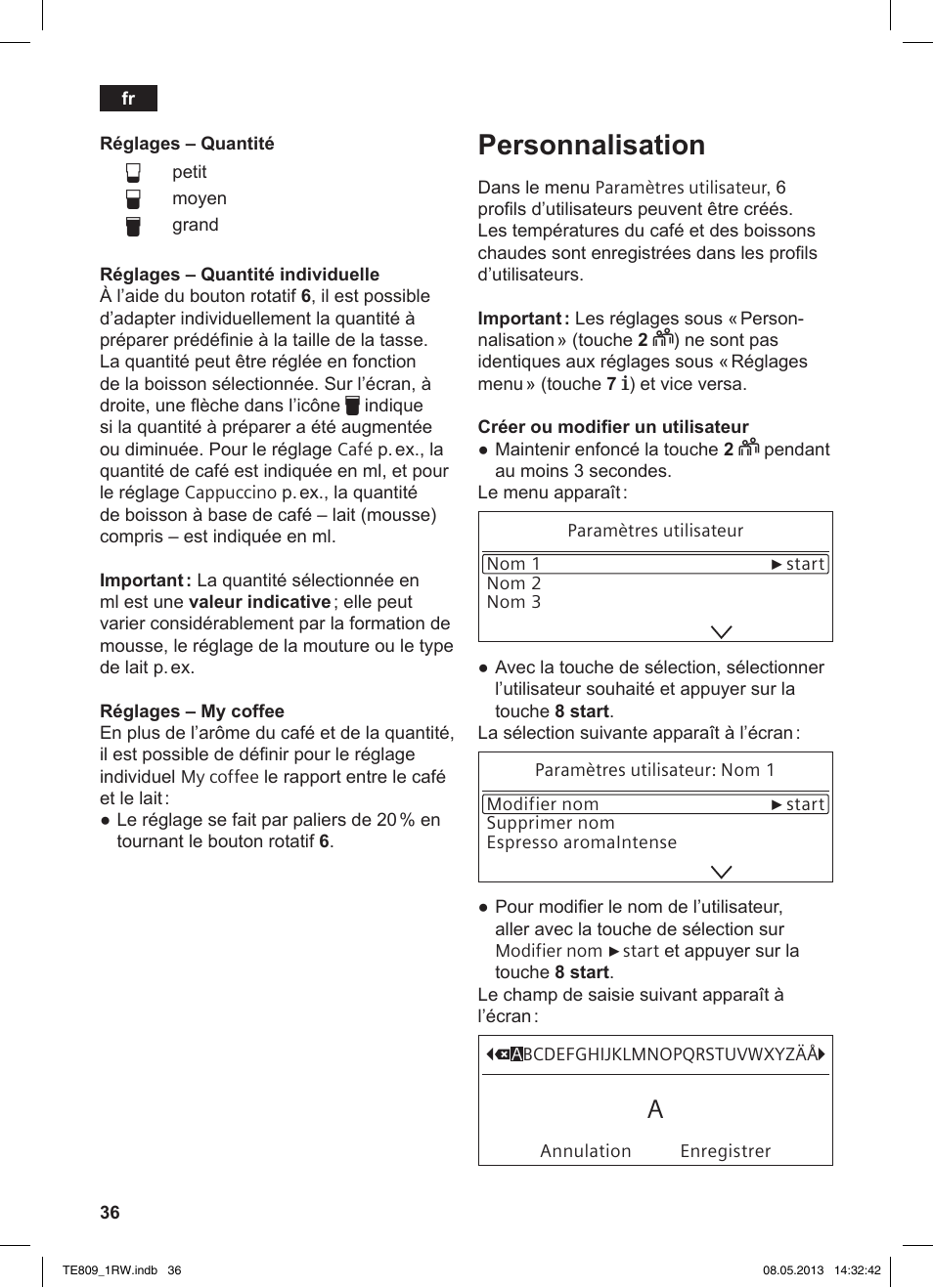 Personnalisation | Siemens TE809201RW User Manual | Page 40 / 172