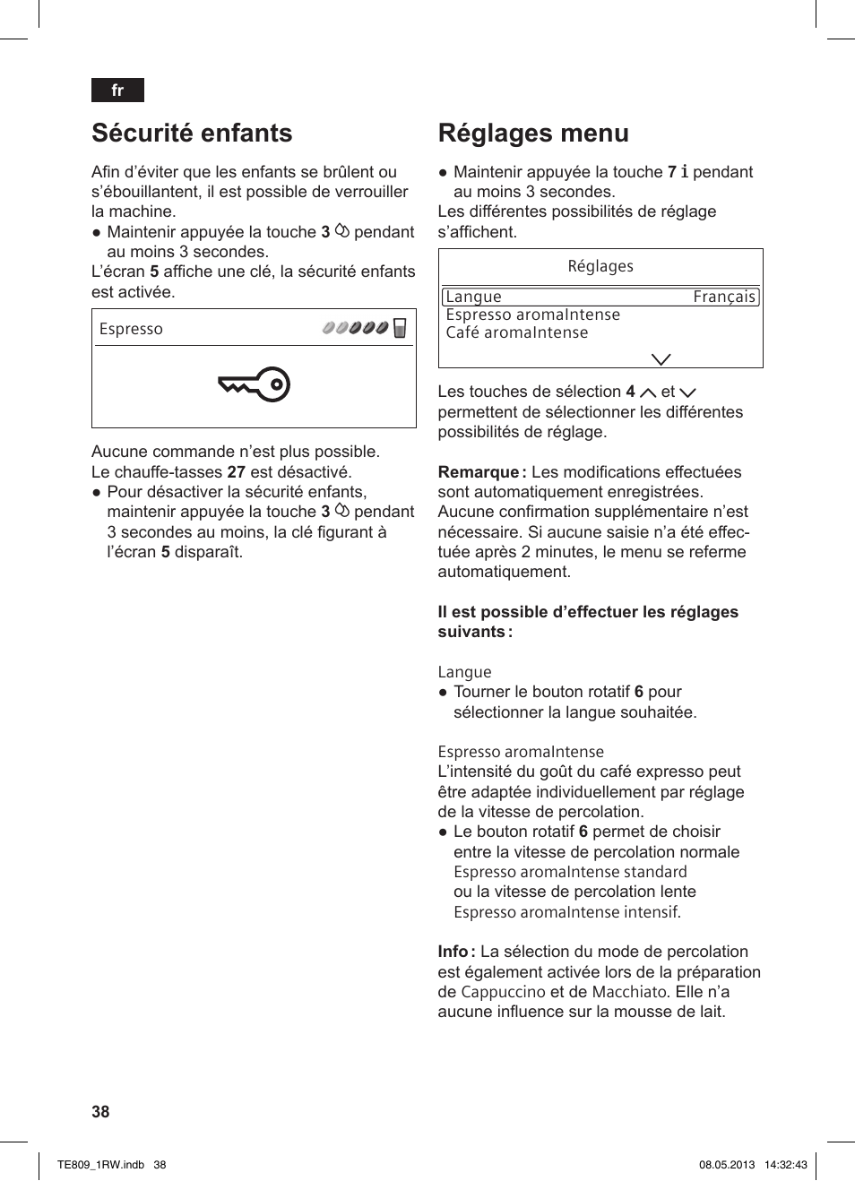 Sécurité enfants, Réglages menu | Siemens TE809201RW User Manual | Page 42 / 172