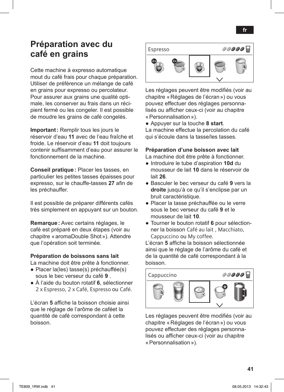 Préparation avec du café en grains | Siemens TE809201RW User Manual | Page 45 / 172