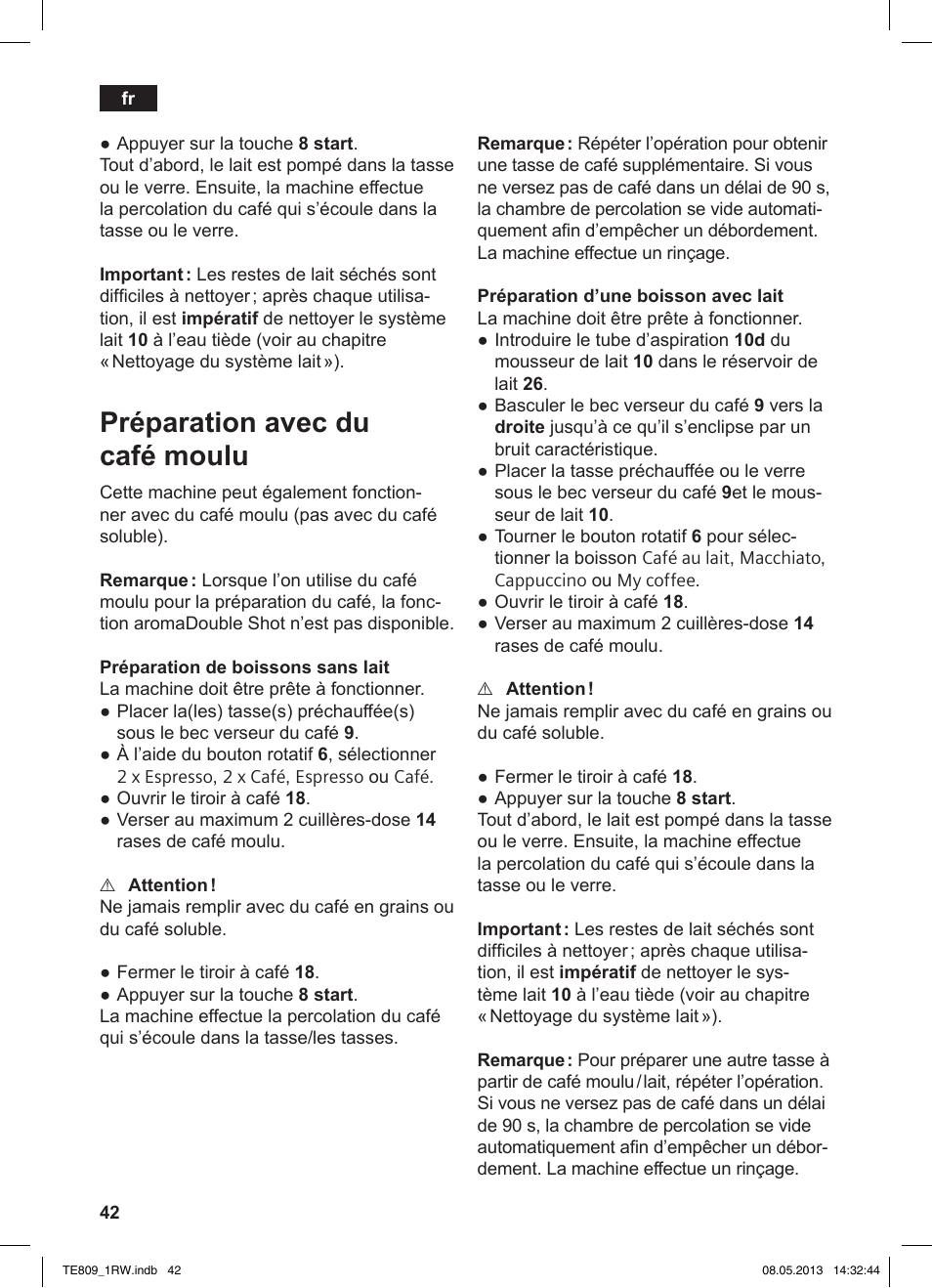 Préparation avec du café moulu | Siemens TE809201RW User Manual | Page 46 / 172