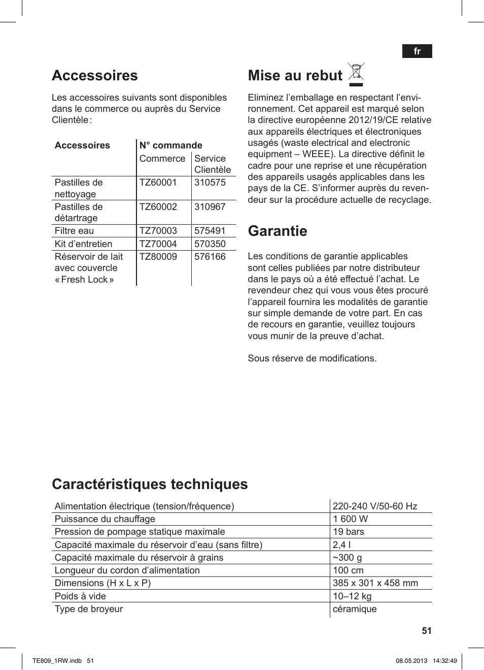 Accessoires, Mise au rebut, Garantie | Caractéristiques techniques | Siemens TE809201RW User Manual | Page 55 / 172