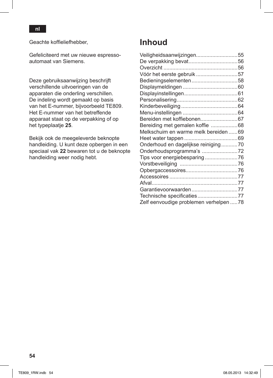 Inhoud | Siemens TE809201RW User Manual | Page 58 / 172