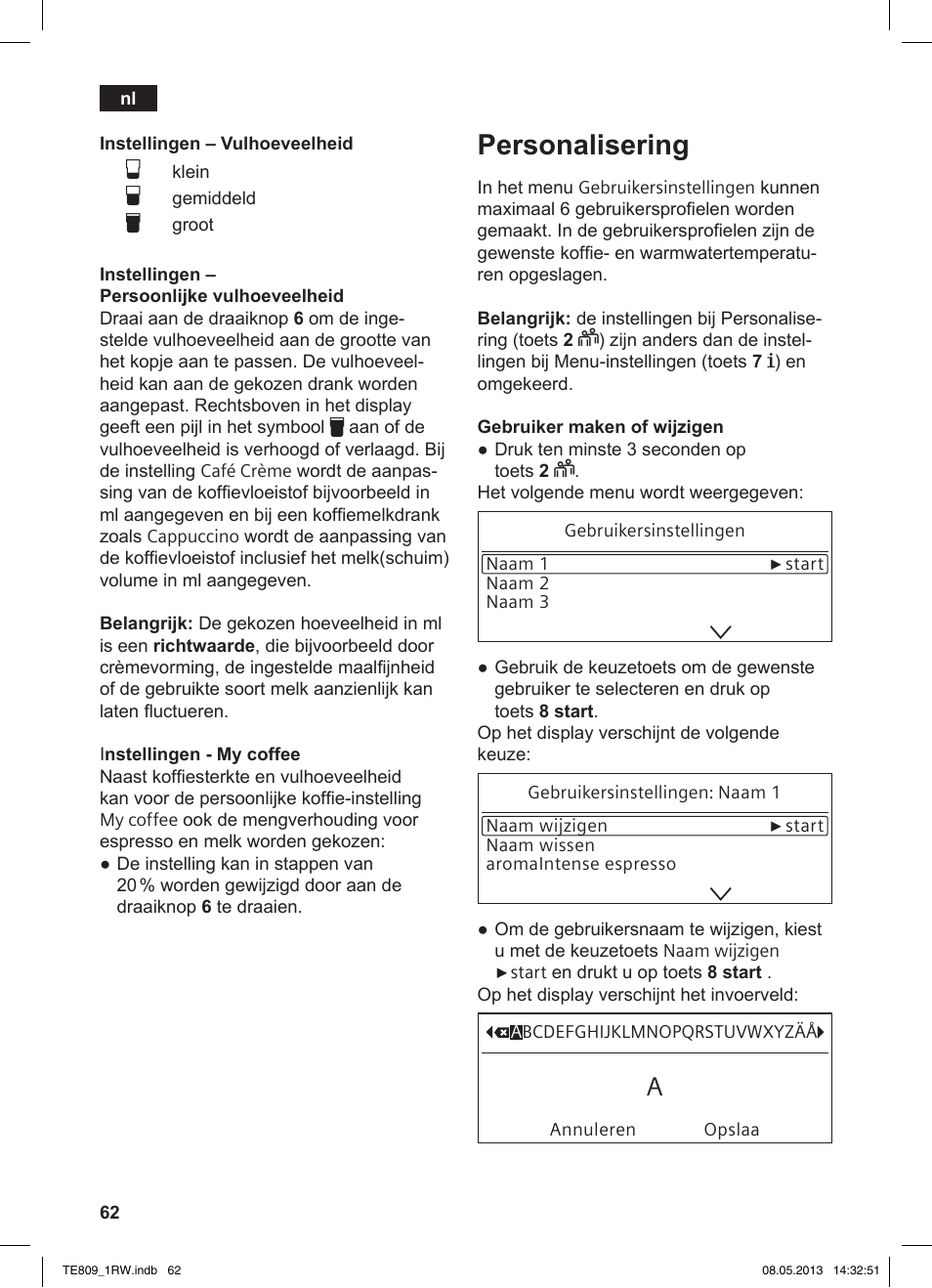 Personalisering | Siemens TE809201RW User Manual | Page 66 / 172