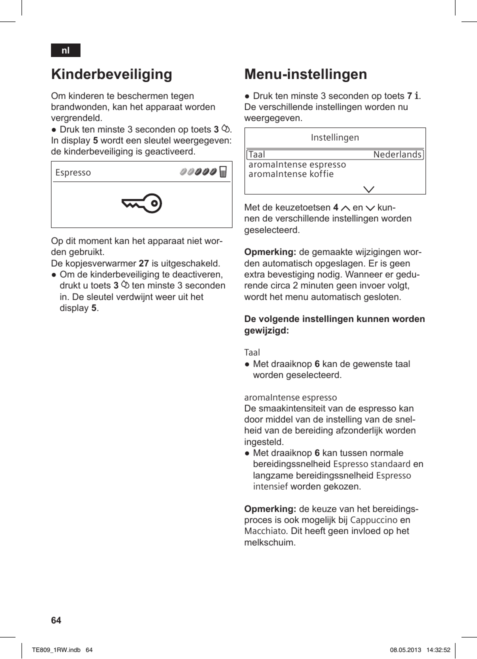 Kinderbeveiliging, Menu-instellingen | Siemens TE809201RW User Manual | Page 68 / 172